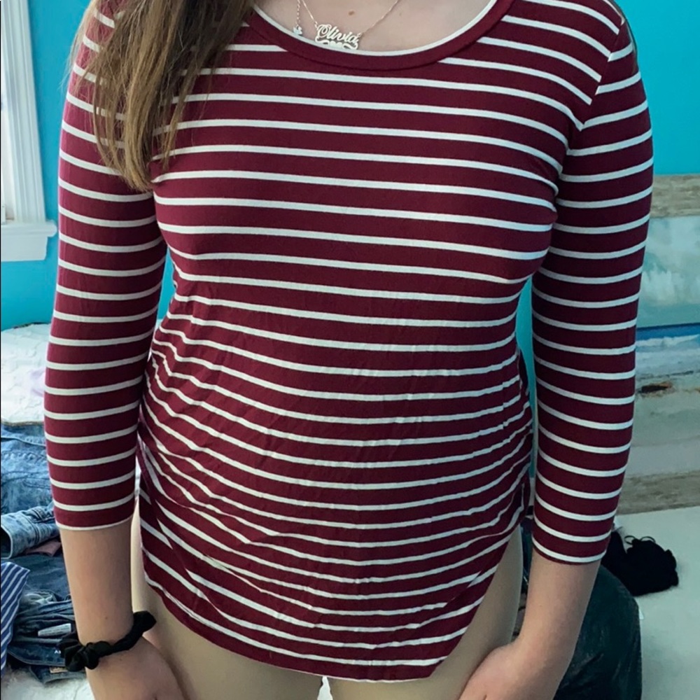 Red and White quarter long sleeve shirt